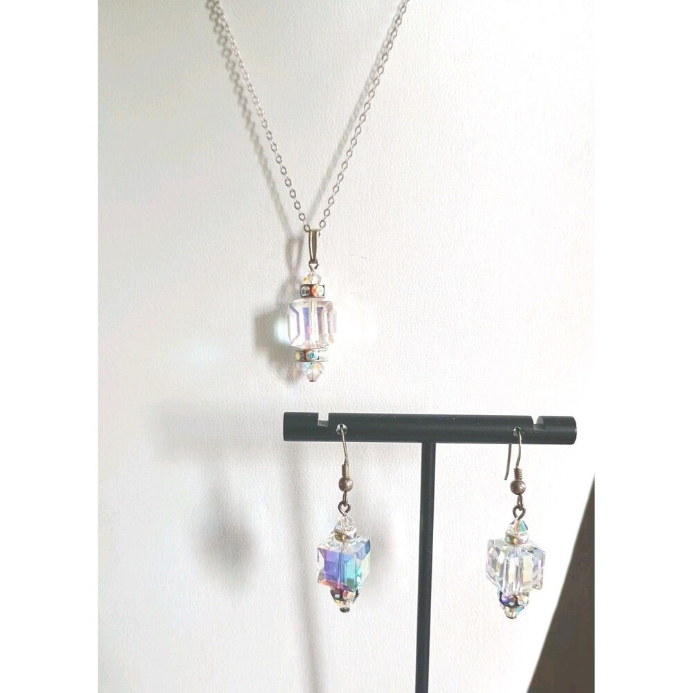 Leach Garner AB Faceted Crystal Sterling Silver Necklace Earrings Set